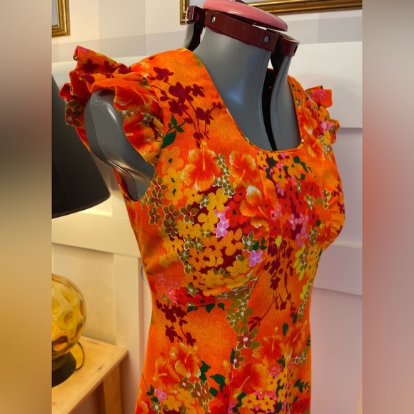 Vintage 70’s Floral Orange Maxi Dress Size Small - Picture 3 of 6